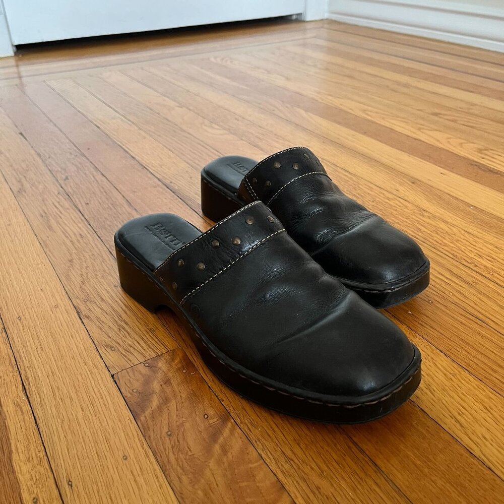 Vintage 90s / Y2K Black Leather Mule - Born Brand - Square Toe - Size 8/39